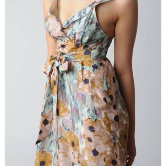 Theory Galla Dress Silk Watercolor Wrapover Bodice Open Back Ruffled Tie Waist 8 - Picture 3 of 14